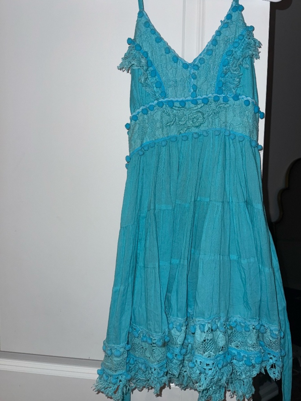 Turquoise Boho Lace Pom Pom Mini Dress